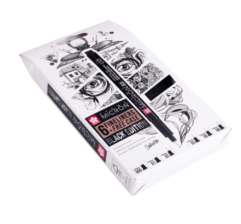 Sakura Micron Fineliners, Black Edition 6 stk med pennal